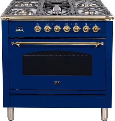 Nostalgie Series 36 Inch Dual Fuel Natural Gas Freestanding Range in Blue with Brass Trim