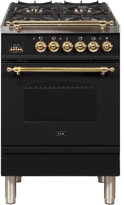 Nostalgie Series 24 Inch Dual Fuel Natural Gas Freestanding Range in Glossy Black with Brass Trim
