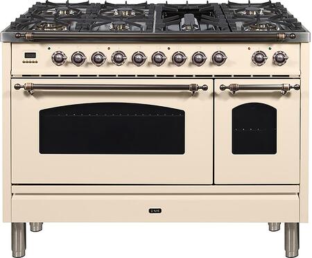 Nostalgie Series 48 Inch Dual Fuel Natural Gas Freestanding Range in Antique White with Bronze Trim