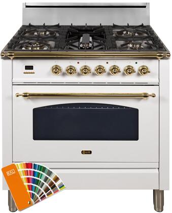 UPN90FDVGGRAL 36" Nostalgie Series Freestanding Gas Range with 4 Burners, Griddle, 3.5 cu. ft. Oven Capacity, Full Width Warming Drawer, Digital Clock and Timer, Rotisserie, and Brass Trim Custom RAL Color